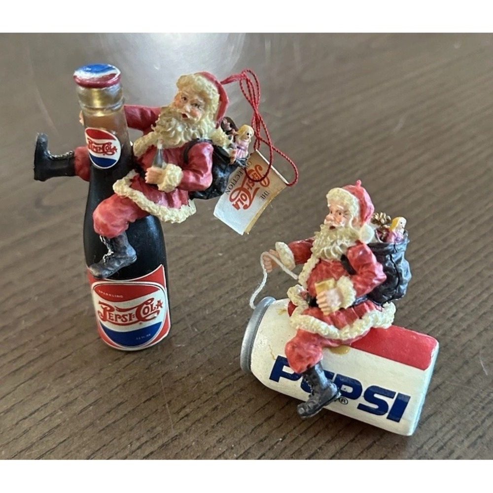 2‎ Vintage Possible Dreams Santa Riding Pepsi Can & Bottle Ornaments